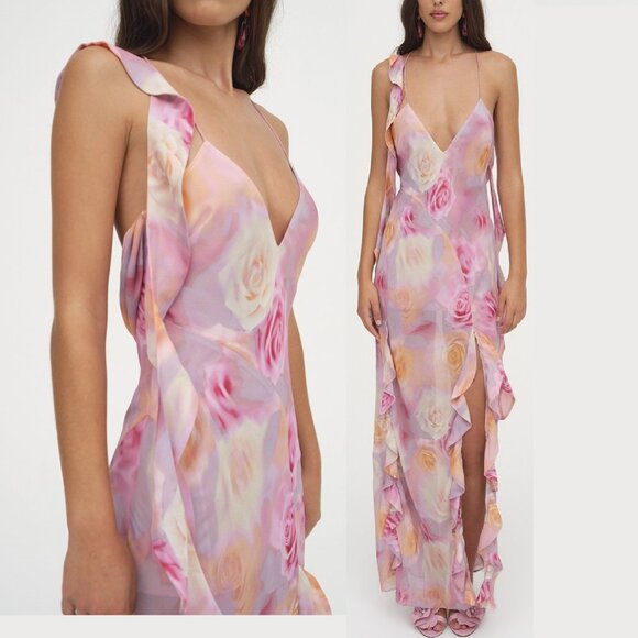 NWOT FOR LOVE AND LEMONS BEATE RUFFLE PINK MAXI DRESS IN BLURRED ROSE PRINT S - Picture 1 of 9